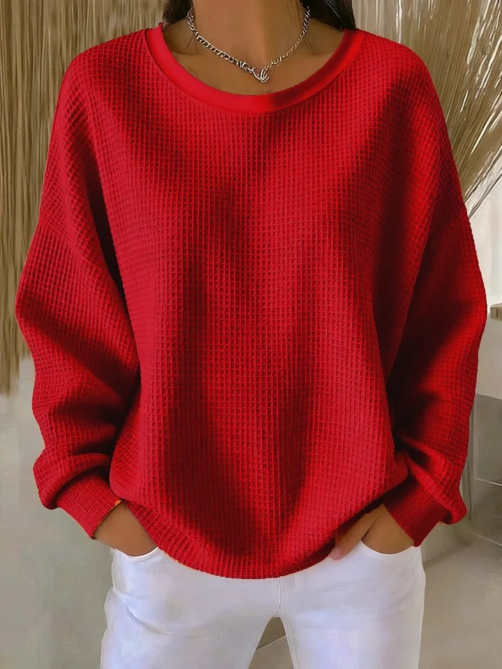 Women's textured crew neck sweater with long sleeves and ribbed trims