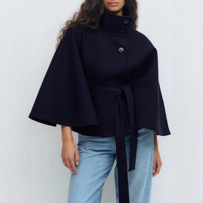Women's belted cape coat with high collar and wide sleeves