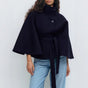 Women's belted cape coat with high collar and wide sleeves