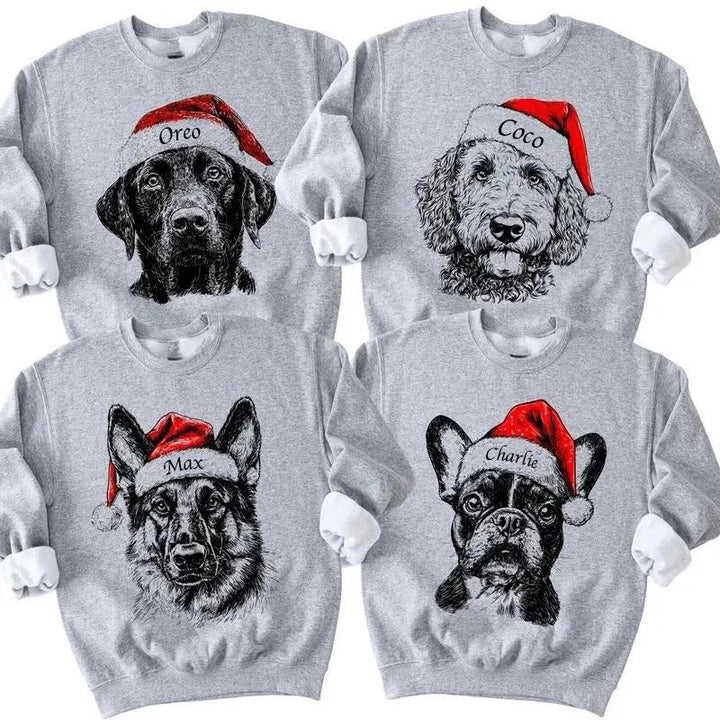 Unisex grey Christmas sweatshirt with dog Santa hat design, shown on family members around decorated kitchen