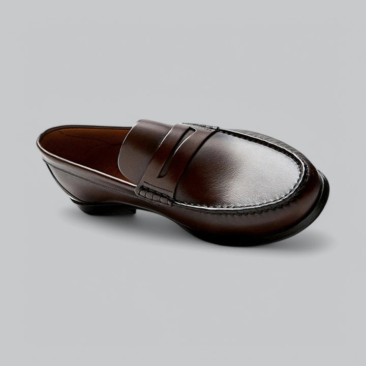 Men's penny loafers shown in black and dark brown