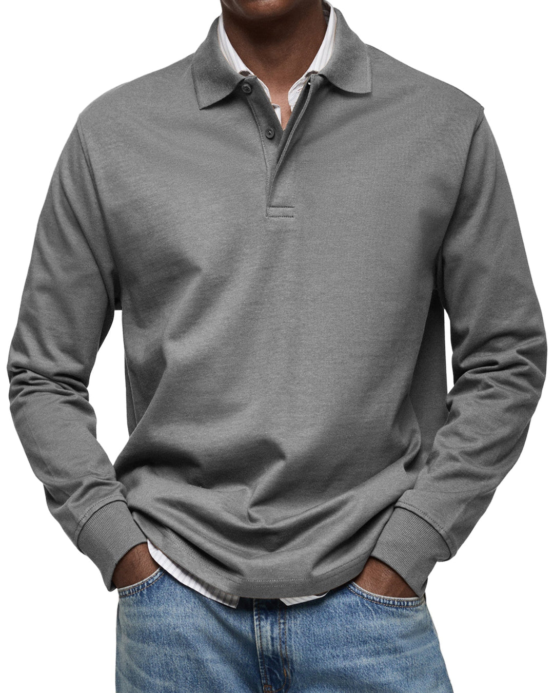 Men's long sleeve polo sweater with collar and button placket
