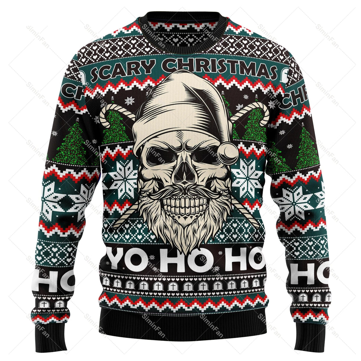 Men's Christmas sweater with skull graphics, snowflakes and festive lettering
