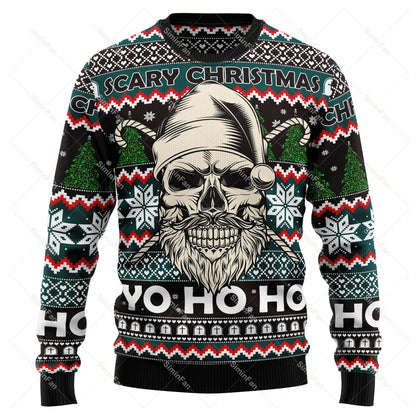 Men's Christmas sweater with skull graphics, snowflakes and festive lettering