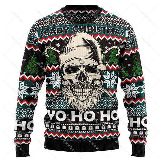 Men's Christmas sweater with skull graphics, snowflakes and festive lettering