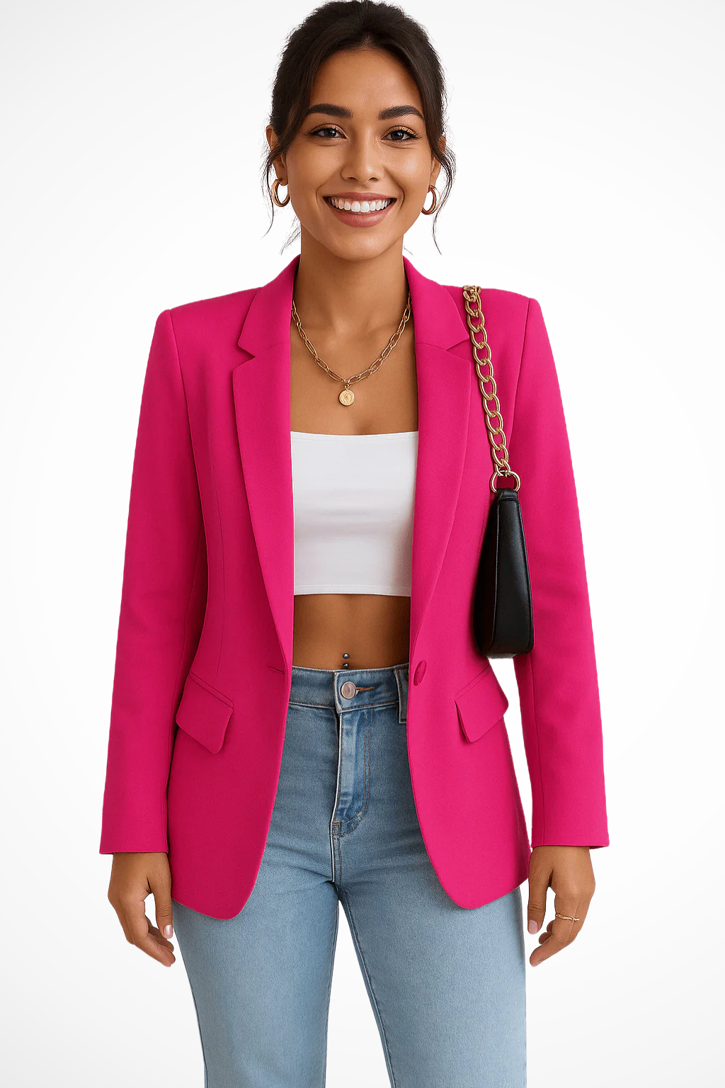 Women's tailored blazer with notched lapel, long sleeves, button fastening and flap pockets