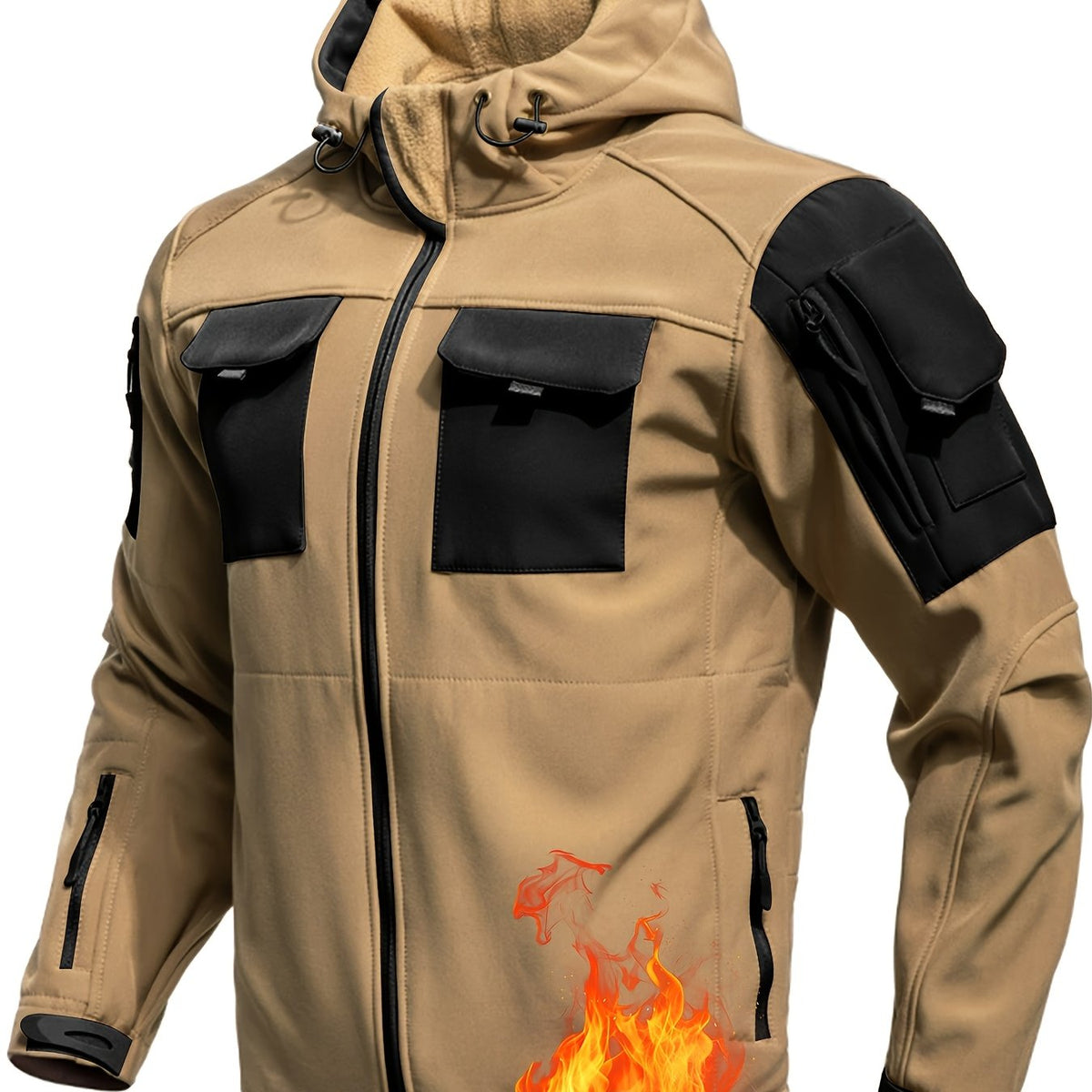 Men's hooded softshell jacket with long sleeves and multiple utility pockets
