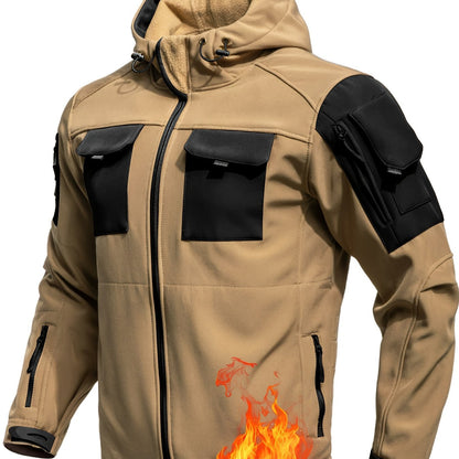 Men's hooded softshell jacket with long sleeves and multiple utility pockets