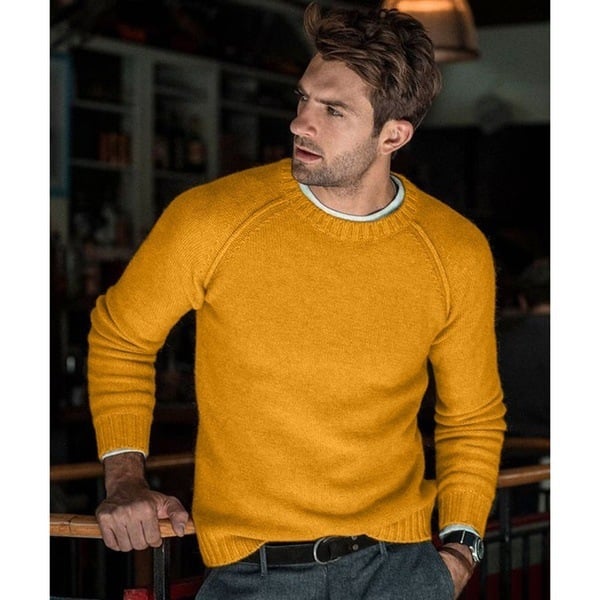 Men's long-sleeve crew neck knit sweater with ribbed trims