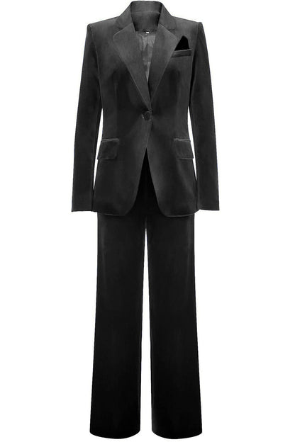 Women's velvet suit with single-button blazer and wide-leg trousers