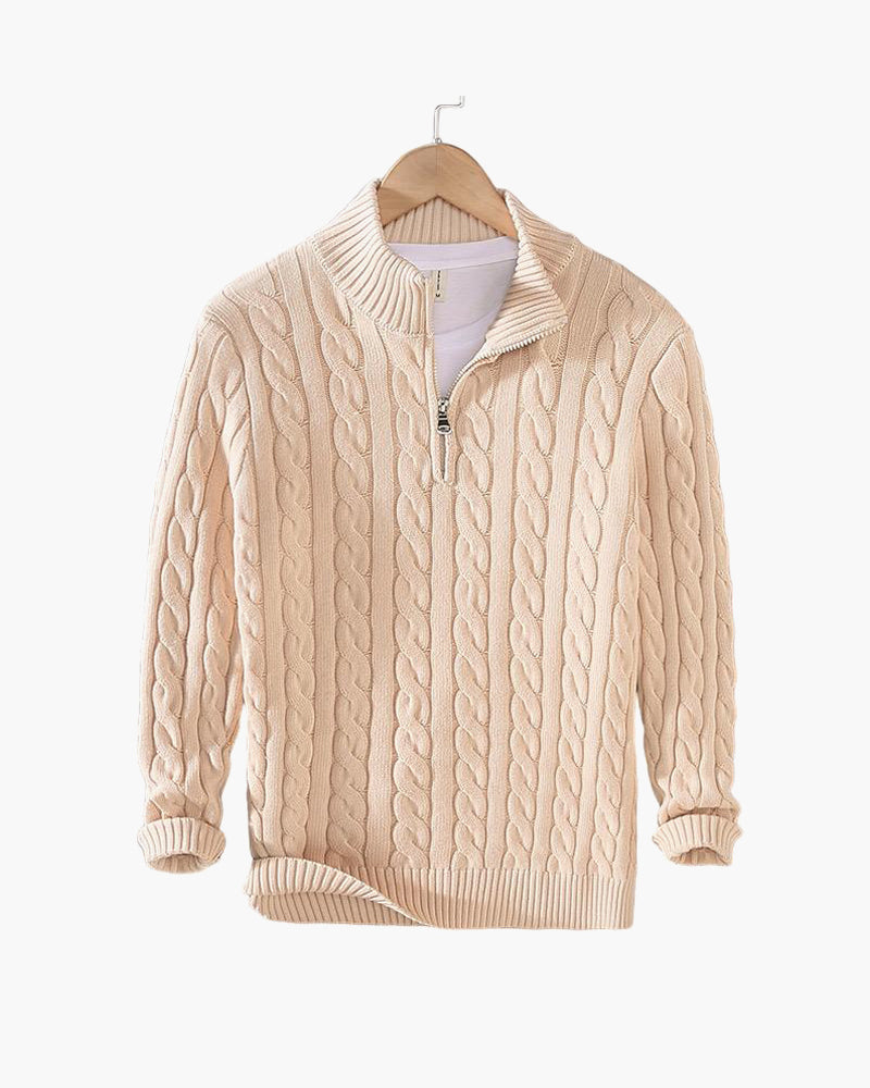 Cable knit sweater with mock collar, quarter zip and ribbed trims