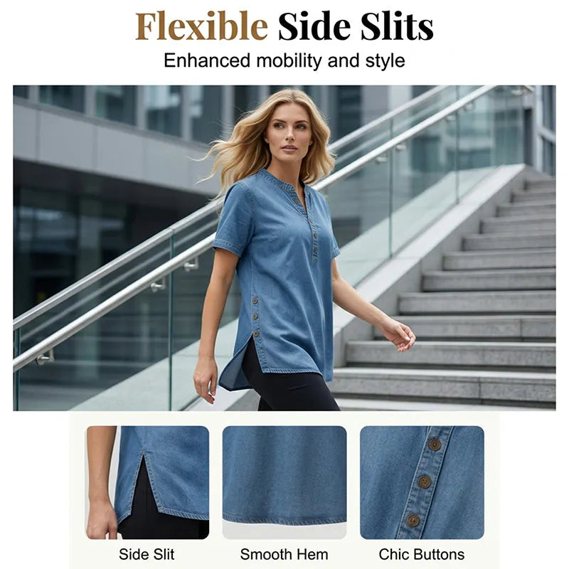 Women's Lightweight Denim Tunic — V-Neck Short-Sleeve Button Top