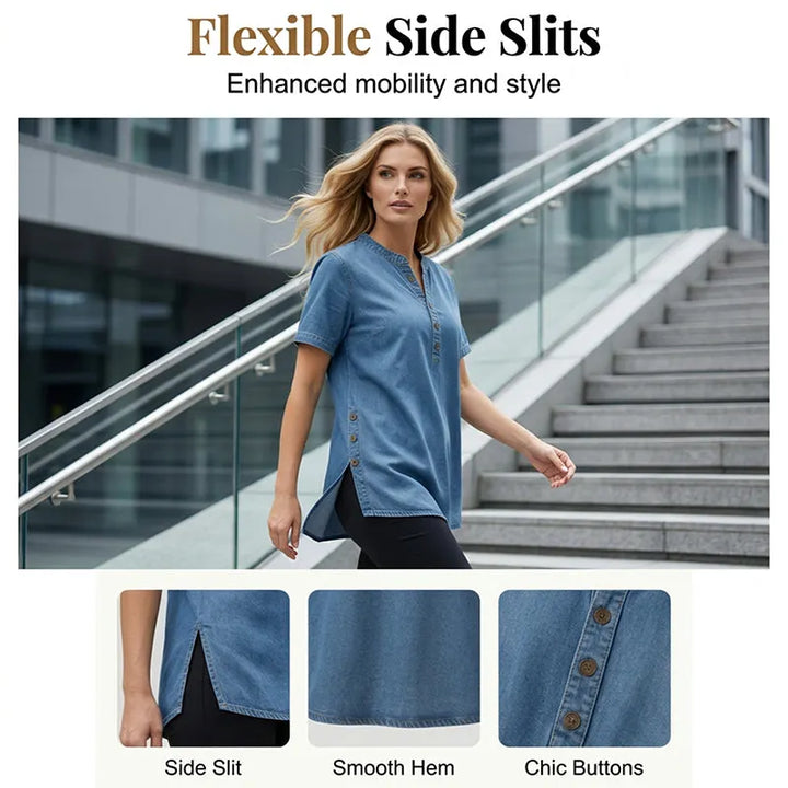 Women's Lightweight Denim Tunic — V-Neck Short-Sleeve Button Top