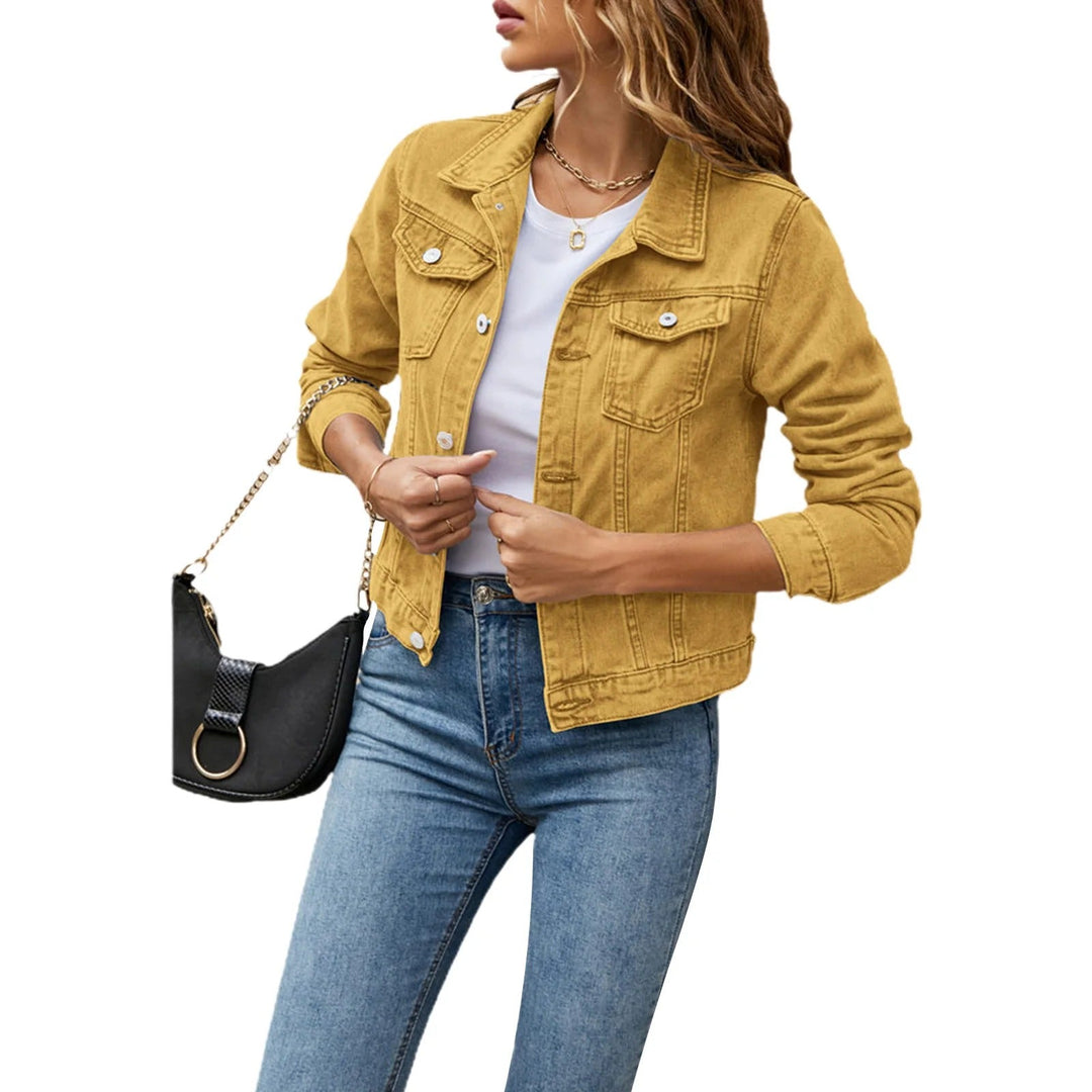 Women's relaxed denim jacket with button front and chest pockets