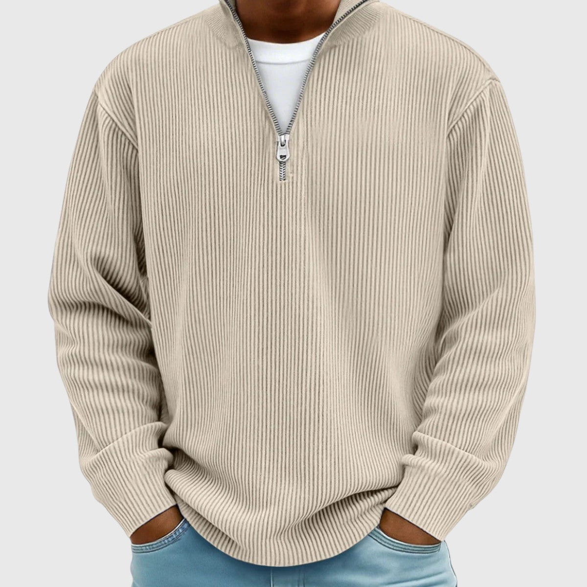 Men's ribbed quarter-zip mock neck sweater with long sleeves