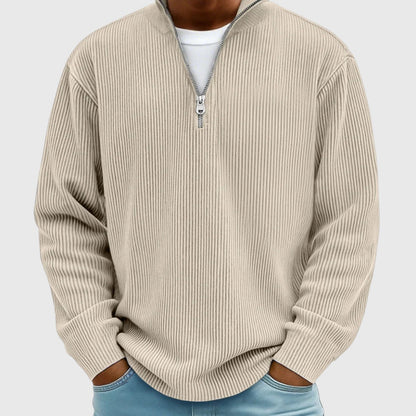 Men's ribbed quarter-zip mock neck sweater with long sleeves