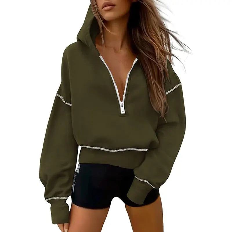 Women's cropped hooded sweatshirt with half zip and contrast stitching