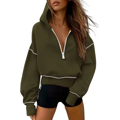 Women's cropped hooded sweatshirt with half zip and contrast stitching