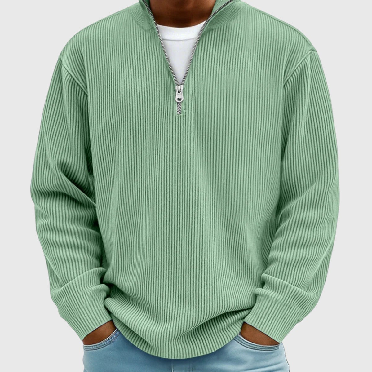 Men's ribbed quarter-zip mock neck sweater with long sleeves