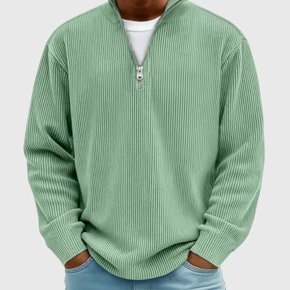 Men's ribbed quarter-zip mock neck sweater with long sleeves