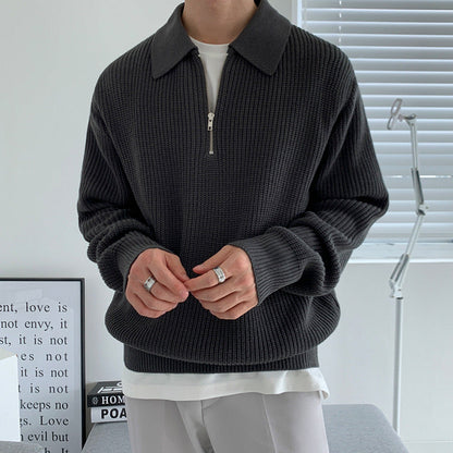 Men's ribbed quarter-zip sweater with pointed collar and long sleeves