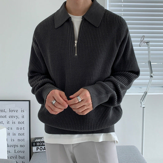 Men's ribbed quarter-zip sweater with pointed collar and long sleeves