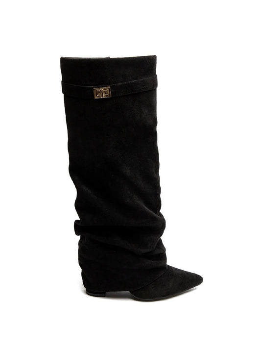 Black women's slouch knee-high boots with pointed toes and buckle details