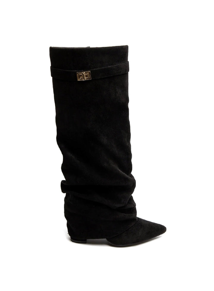 Black women's slouch knee-high boots with pointed toes and buckle details