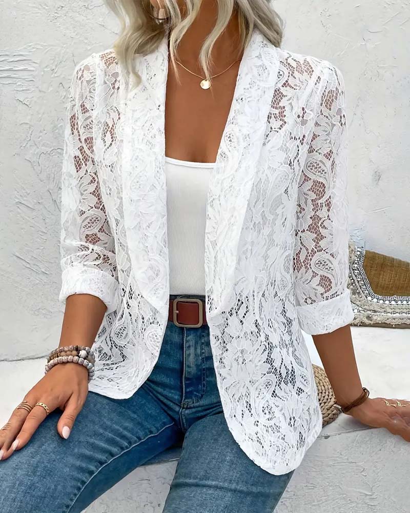 Women's open-front lace blazer with long sleeves