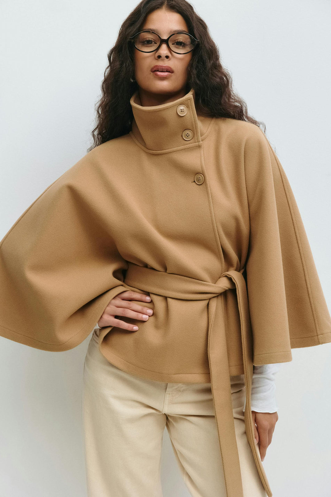 Women's cape coat with high collar and tie belt