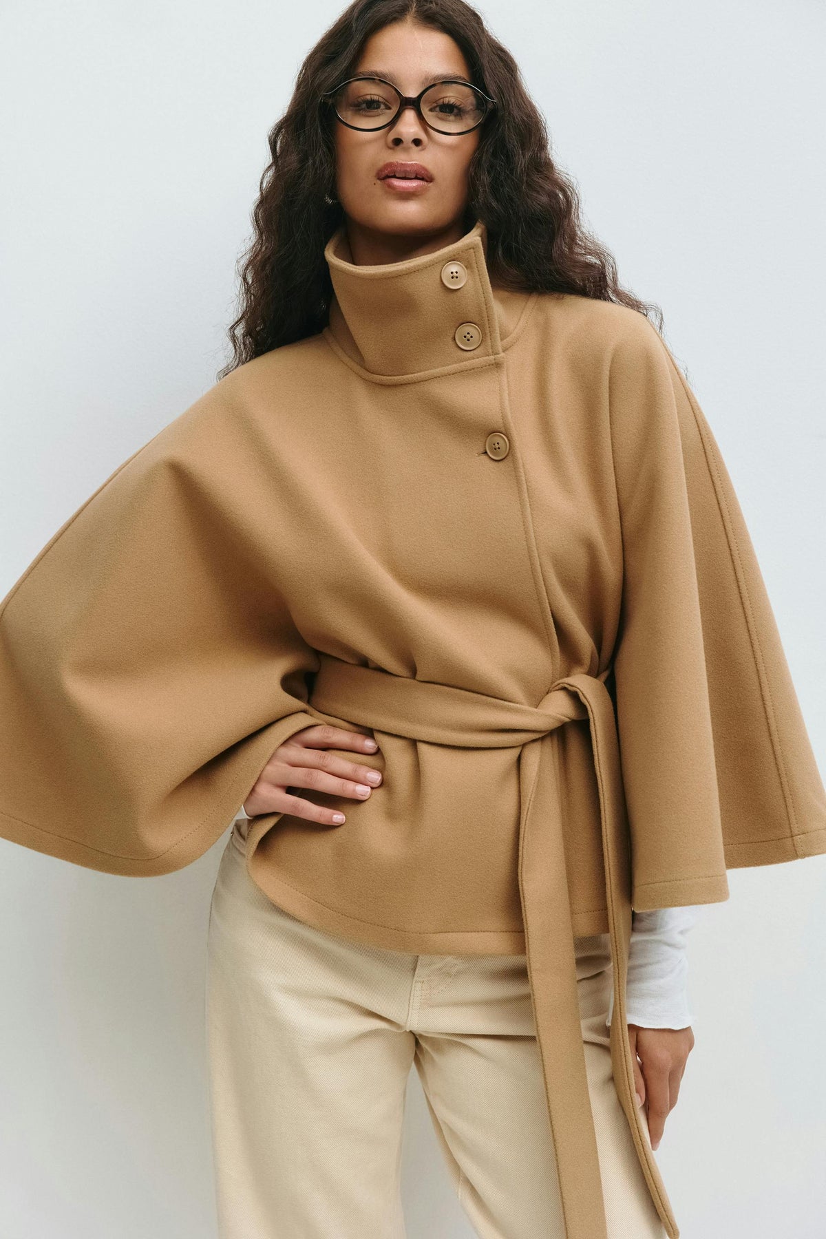 Women's cape coat with high collar and tie belt