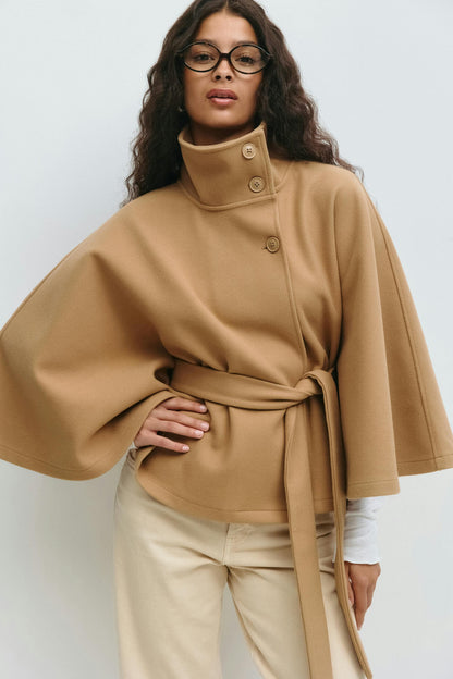 Women's cape coat with high collar and tie belt