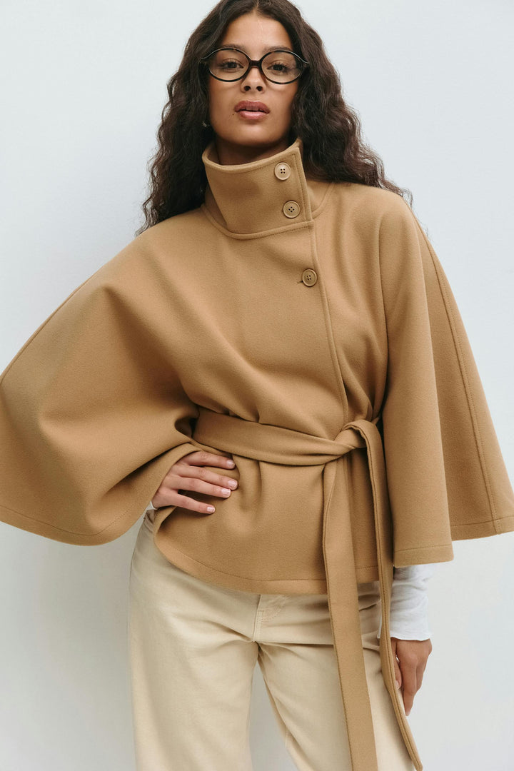 Women's cape coat with high collar and tie belt