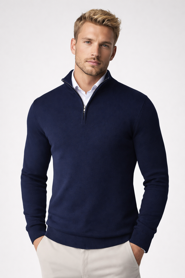 Men's half-zip sweater with mock neck and ribbed trims