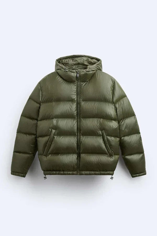 Hooded quilted puffer jacket with zipper and side pockets