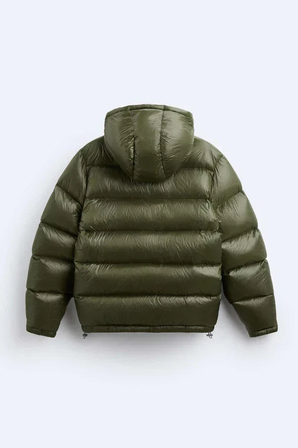 Hooded quilted puffer jacket with zipper and side pockets