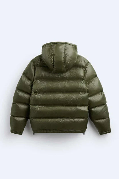 Hooded quilted puffer jacket with zipper and side pockets