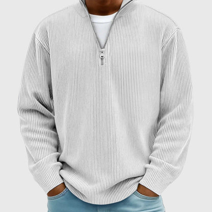 Men's ribbed quarter-zip mock neck sweater with long sleeves