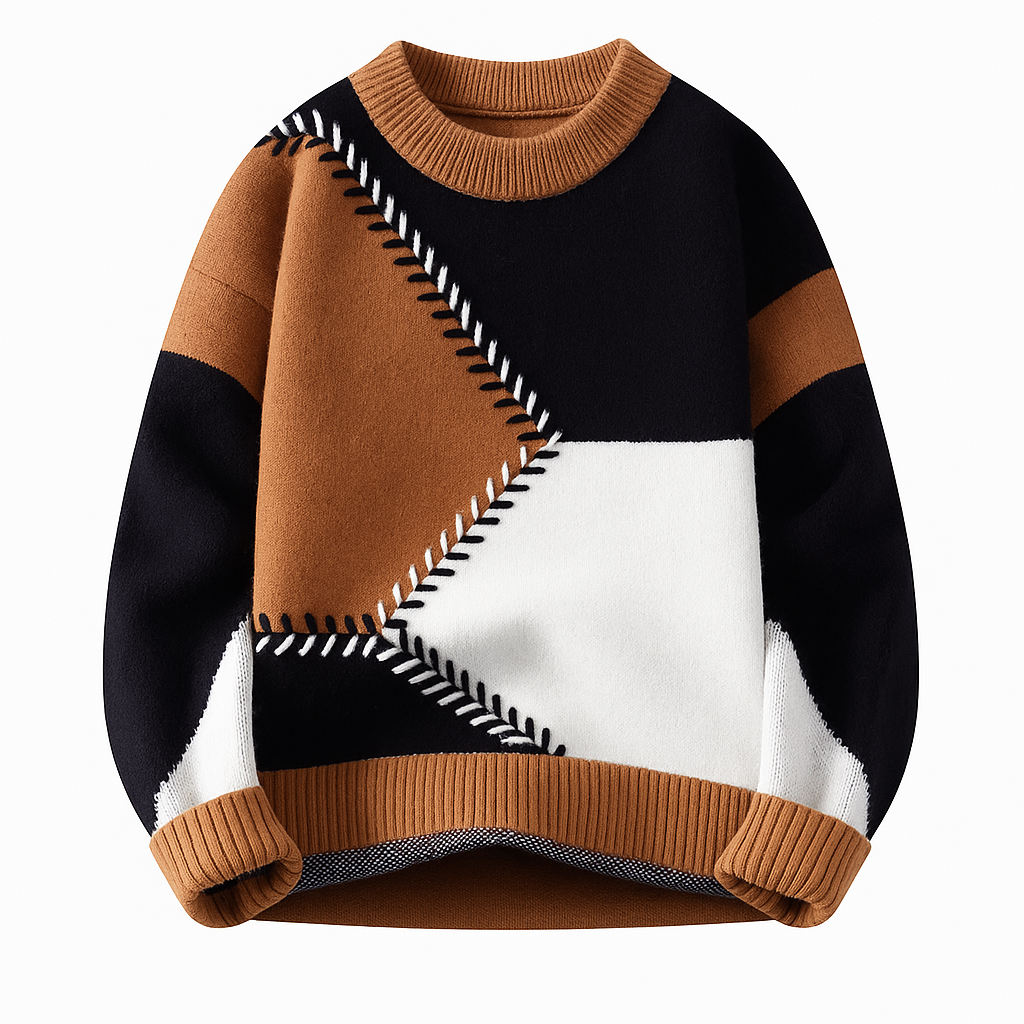 Unisex geometric patchwork crew neck sweater with long sleeves and ribbed trims