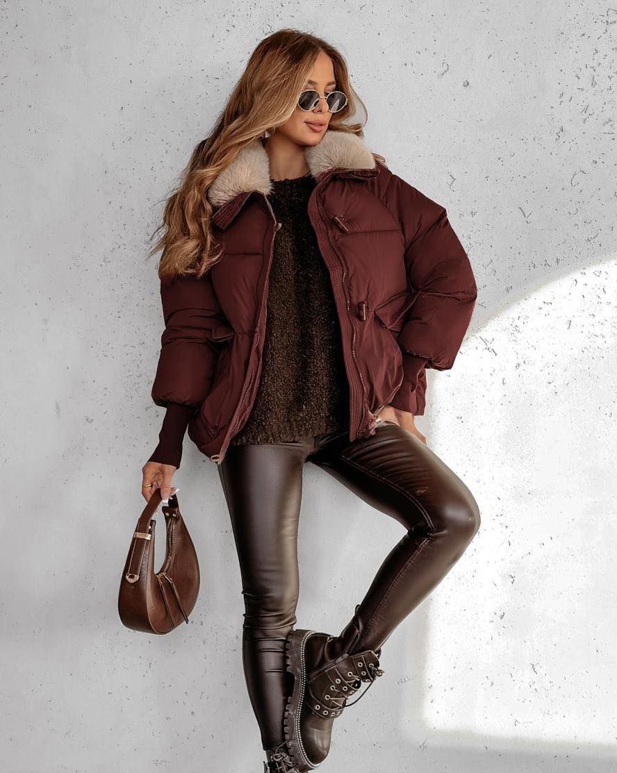 Women's short hooded puffer jacket with plush collar and pockets