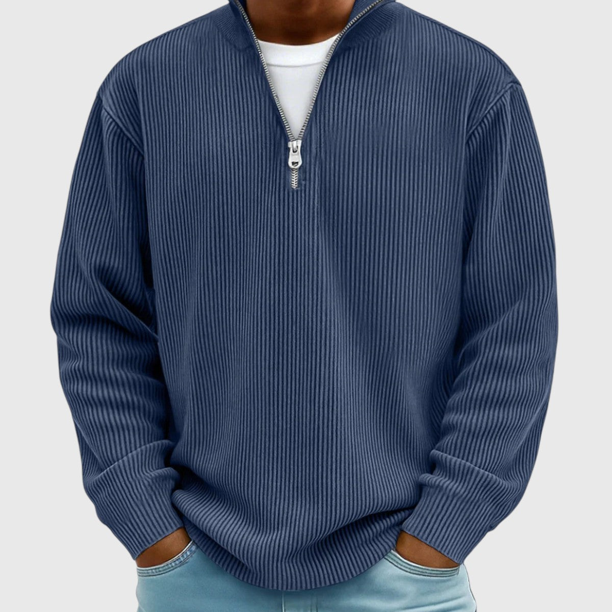 Men's ribbed quarter-zip mock neck sweater with long sleeves