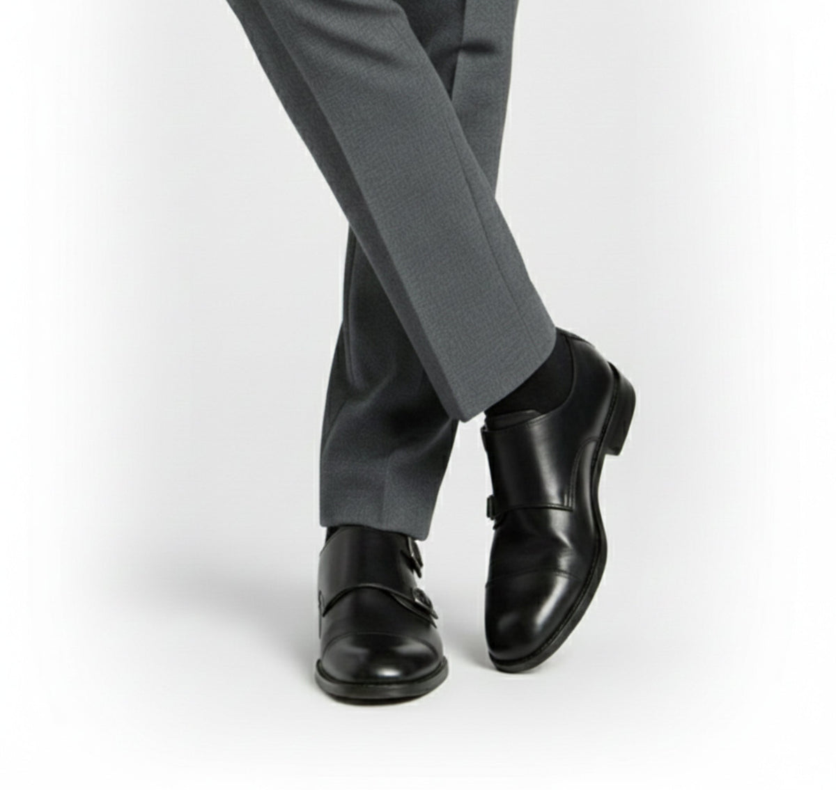 Men's double monk strap shoes with almond toes and buckle closures
