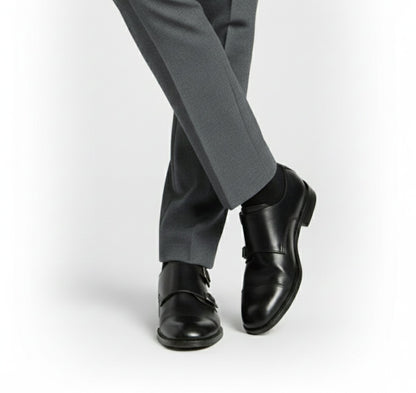 Men's double monk strap shoes with almond toes and buckle closures