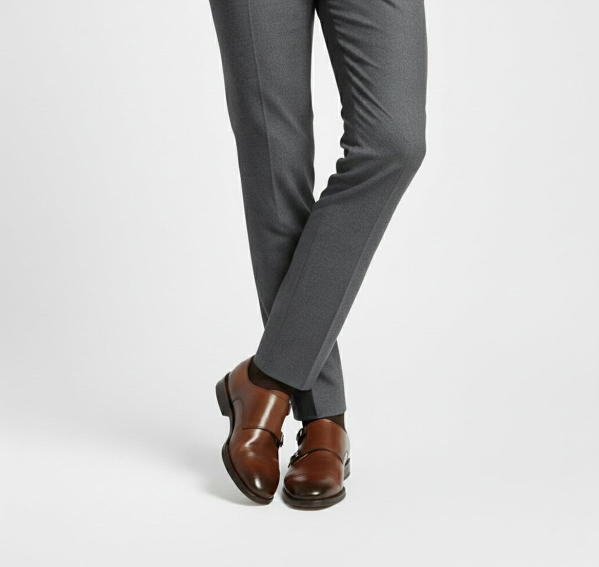 Men's double monk strap shoes with almond toes and buckle closures
