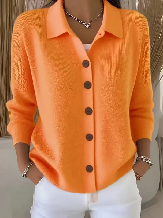 Women's textured button-front cardigan with pointed collar and long sleeves