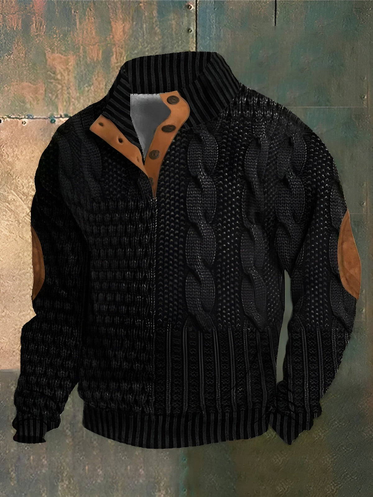 Men's patterned knit sweater with mock neck and button placket