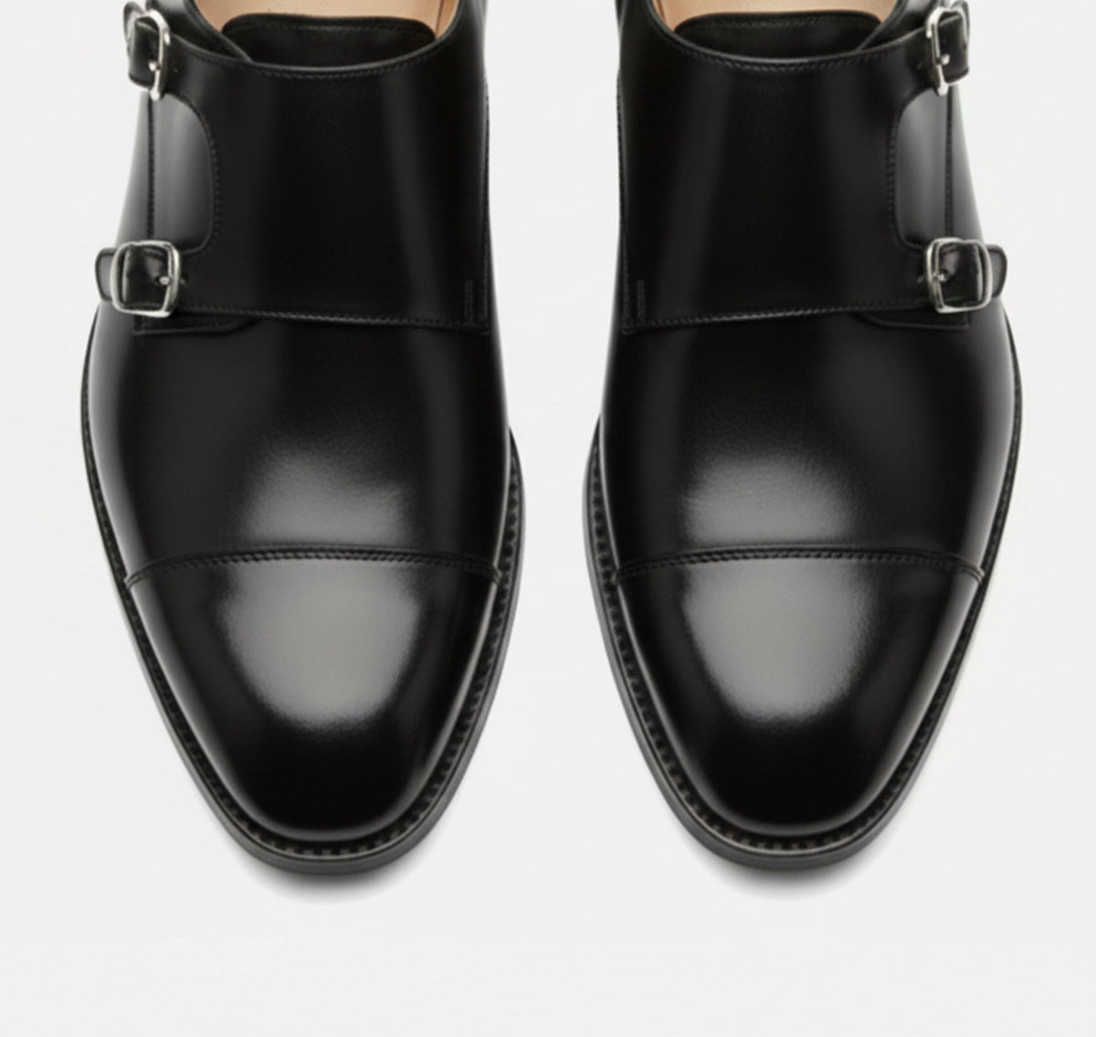 Men's double monk strap shoes with almond toes and buckle closures