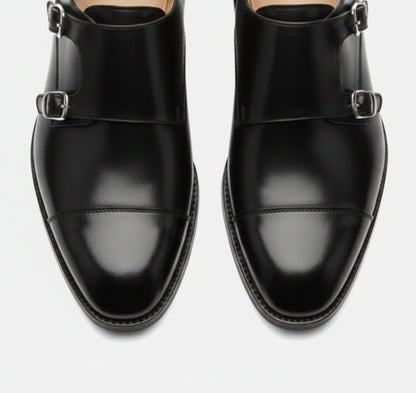 Men's double monk strap shoes with almond toes and buckle closures