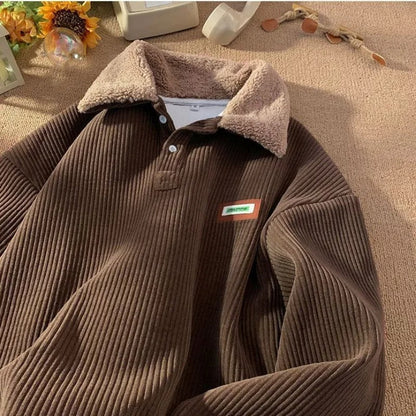 Men's ribbed polo jumper with contrasting fleece collar and long sleeves