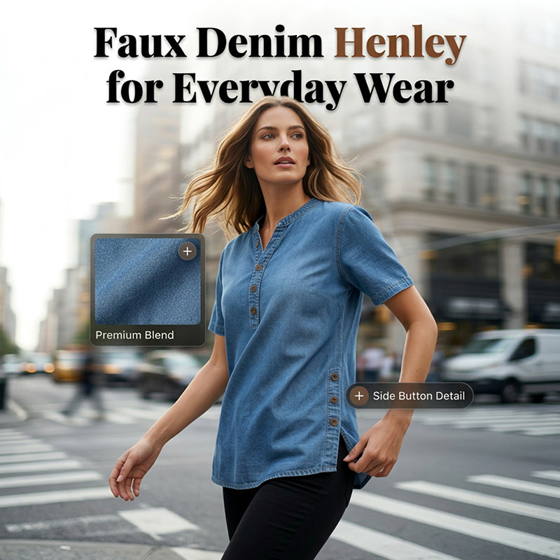 Women's Lightweight Denim Tunic — V-Neck Short-Sleeve Button Top